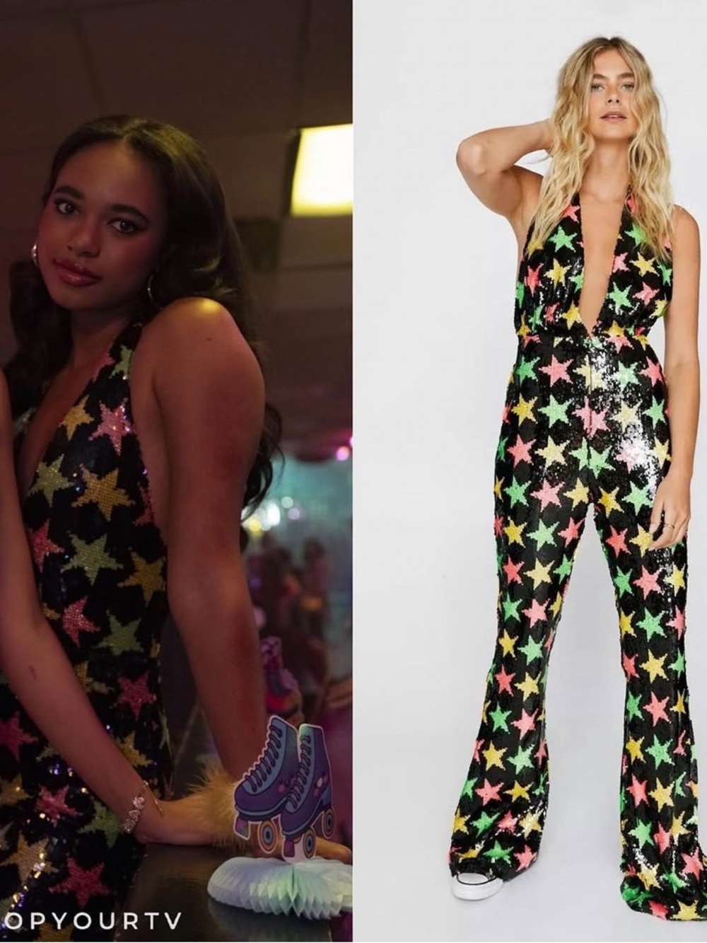 Nasty Gal Black Sequin Star Halter Jumpsuit with Neon Stars